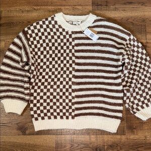 NWT!! BLU PEPPER Brown and Cream Crewneck Sweater with Split Design